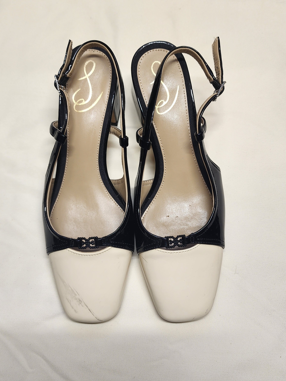 Sam Edelman Tarra 2 Slingback Two Tone Block Heels 7M Black Cream Preppy Retro